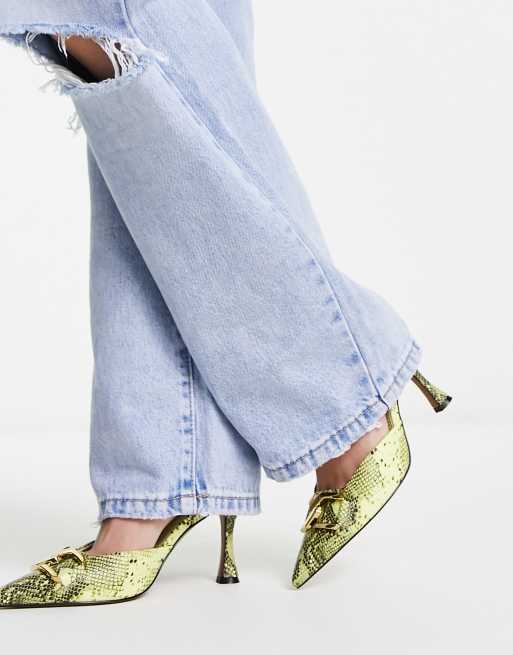 ASOS DESIGN Sommers chain detail mid heeled shoes in lime snake ASOS