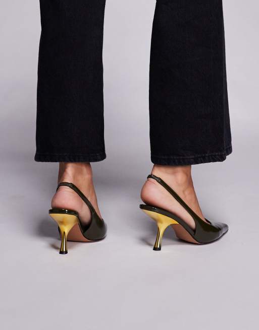 ASOS DESIGN Sophia contrast mid heel slingback shoes in green patent
