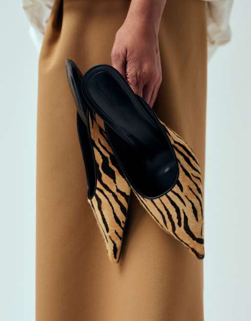 ASOS DESIGN Sophie premium mid heeled mules in hair on real leather tiger print, 2 of 4