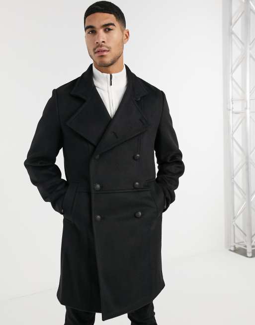 ASOS DESIGN - Soprabito doppiopetto in misto lana nero con dettaglio militare