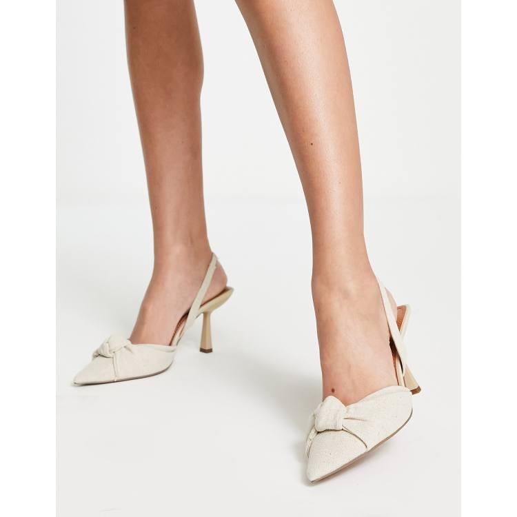 ASOS DESIGN Soraya knotted slingback mid heeled shoes in natural fabrication