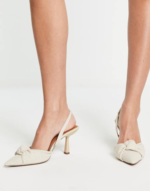 ASOS DESIGN Soraya knotted slingback mid heeled shoes in natural fabrication