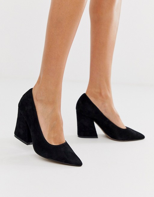 ASOS DESIGN Sorry Not Sorry block heeled court shoes in black suede