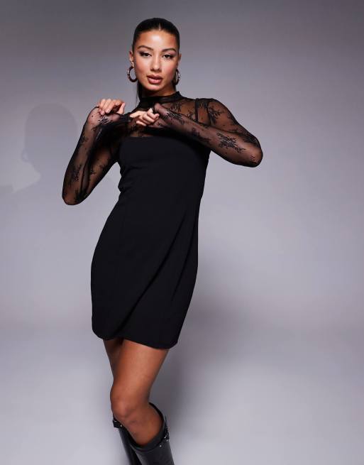 ASOS DESIGN - Sort 2-i-1-slip-minikjole med blondelag i scuba-stof