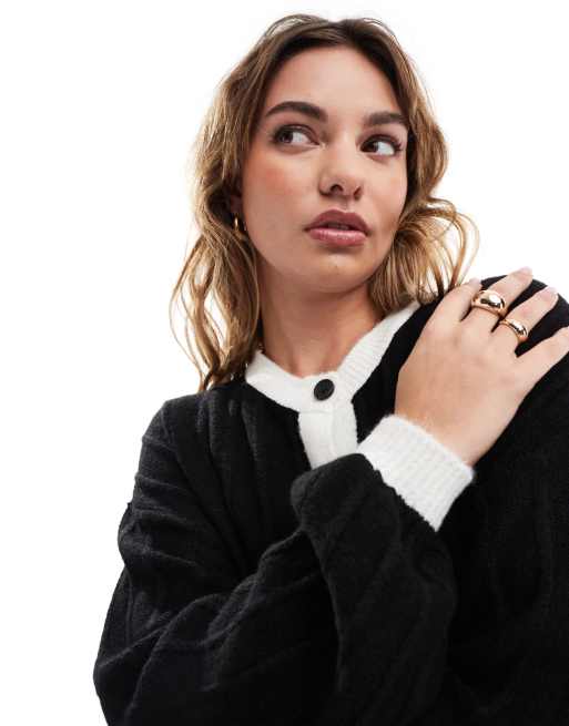 ASOS DESIGN - Sort afslappet cardigan med pufærmer og hvide kontrastkanter, 3 af 4