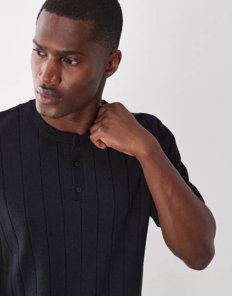 ASOS DESIGN - Sort afslappet henley-T-shirt i bredt ribstrik - Del af sæt - view 1