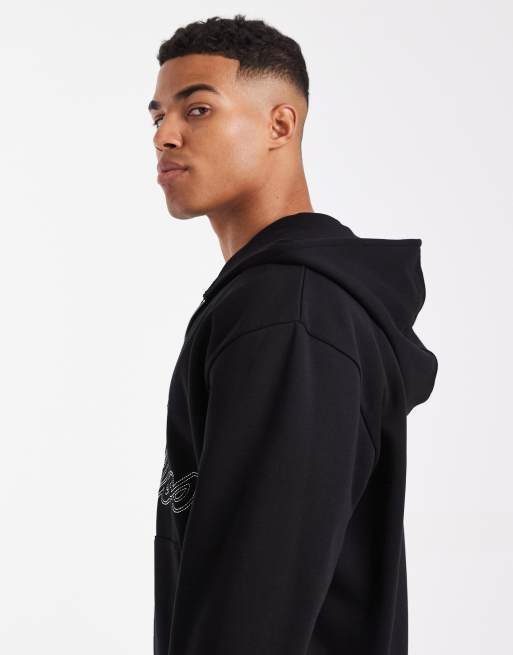 ASOS DESIGN - Sort afslappet hættetrøje med gennemgående lynlås og broderi, 5 af 5