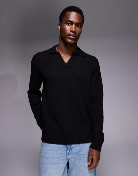 ASOS DESIGN - Sort afslappet lodden striktrøje med polokrave og hak i halsen - view 1