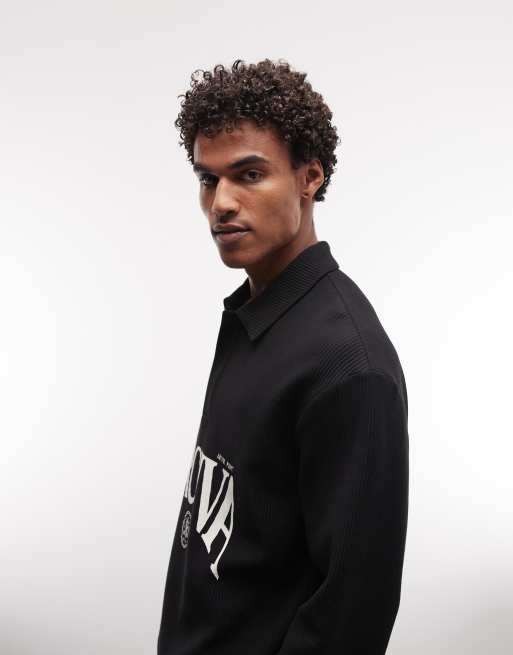 ASOS DESIGN - Sort afslappet ottoman-poloskjorte med firkantet pasform og grafisk tekstprint, 3 af 5