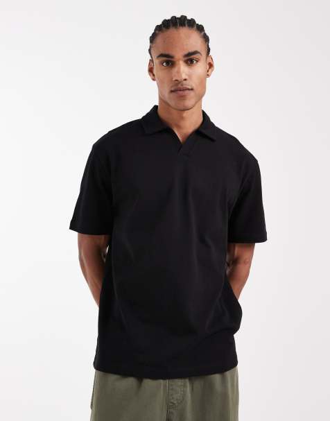 ASOS DESIGN - Sort afslappet poloskjorte i kraftigt stof med reverskrave - view 1