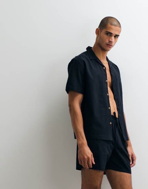 ASOS DESIGN - Sort afslappet skjorte i hørblandingsmateriale med reverskrave - Del af sæt, 5 af 5