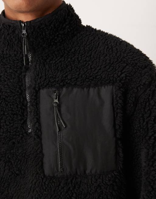 ASOS DESIGN - Sort afslappet skjorte med kvart lynlås og lomme i imiteret lammeskind, 5 af 5