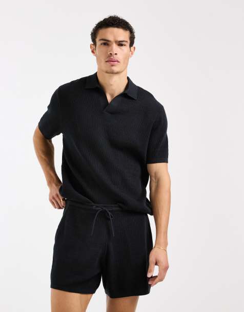 ASOS DESIGN - Sort afslappet sæt med overdel med hak i kraven og shorts i strikket Airtex-stof - view 1