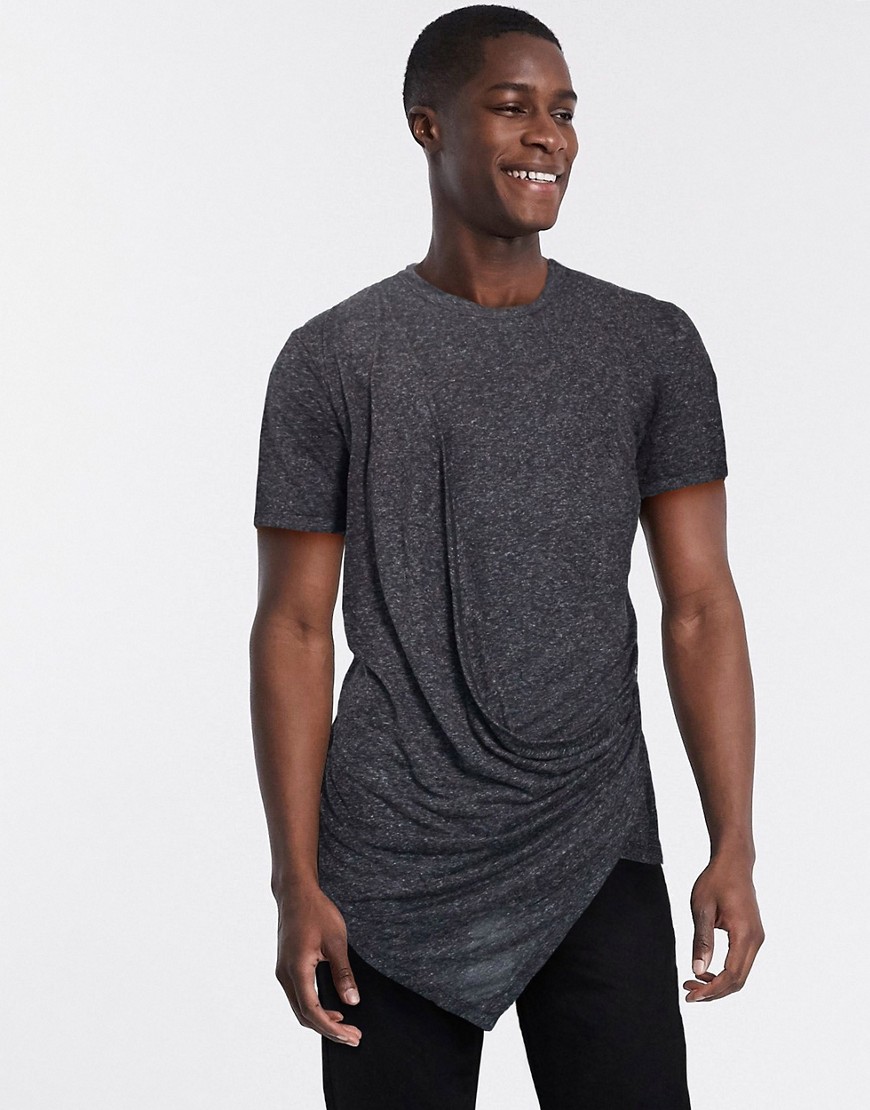ASOS DESIGN - Sort afslappet super longline t-shirt i hørblanding med draperet front
