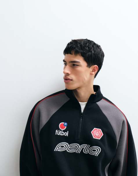 ASOS DESIGN - Sort afslappet sweatshirt med halv lynlås og kontrastpaneler samt grafisk print - view 1