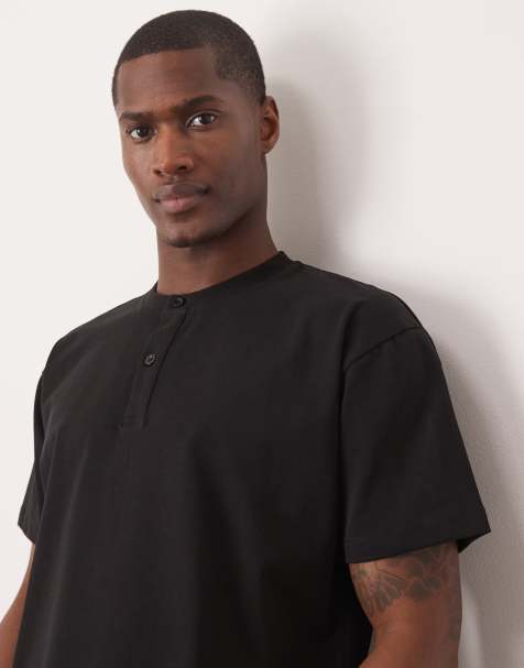 ASOS DESIGN - Sort afslappet T-shirt med henley-hals i kraftigt stof i firkantet pasform - view 1