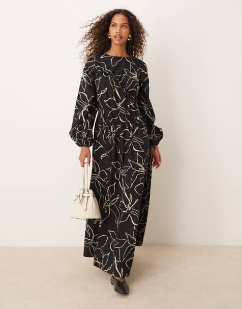 ASOS DESIGN - Sort asymmetrisk maxikjole med rynker og krusedulle-blomstermønster - view 1