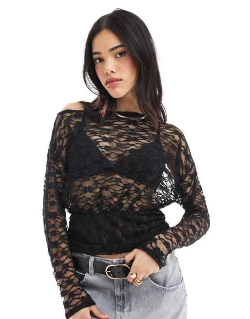 ASOs DESIGN - Sort asymmetrisk oneshoulder-top med indsyet talje i blondestof