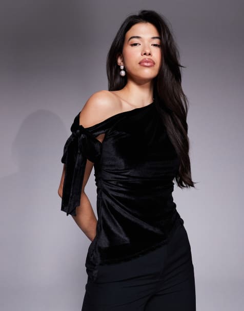 ASOS DESIGN - Sort asymmetrisk top med bindedetalje ved skulderen i velour - view 1