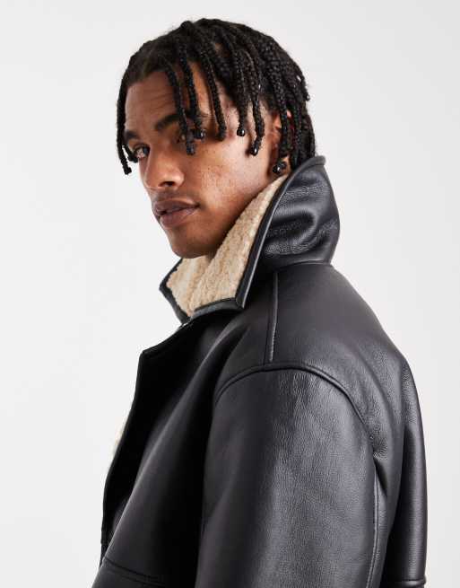 ASOS DESIGN - Sort aviator-jakke i imiteret læder med for i imiteret lammeskind , 4 af 5