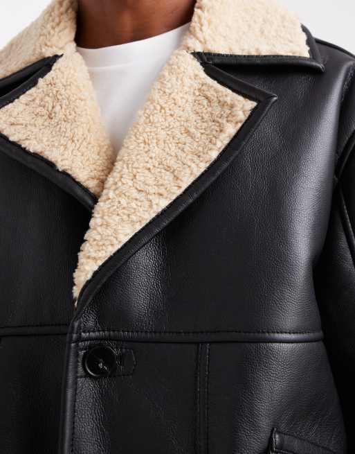ASOS DESIGN - Sort aviator-jakke i imiteret læder med for i imiteret lammeskind , 5 af 5