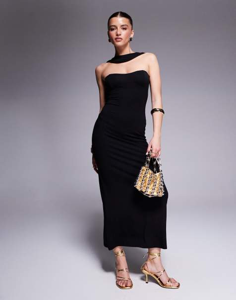 ASOS DESIGN - Sort bandeau-maxikjole med hjerteformet hals og strop med tørklædedesign - view 1