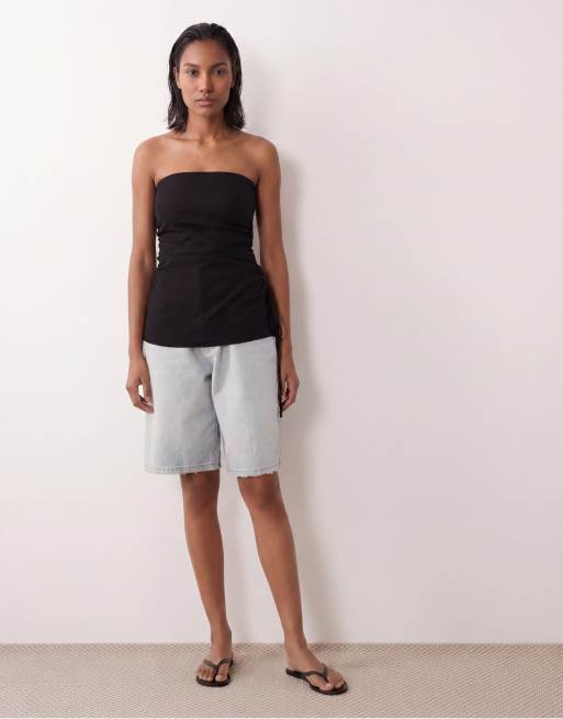 ASOS DESIGN - Sort bandeau-top med rynker i siden i hør, 2 af 4