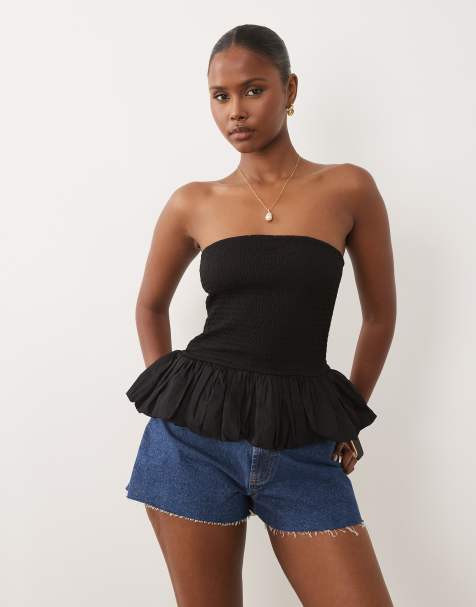 ASOS DESIGN - Sort bandeau-top med rynker og flæsekant - view 1