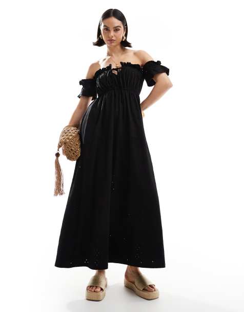 ASOS DESIGN - Sort bardot-maxikjole med broderie anglaise-flæse - view 1