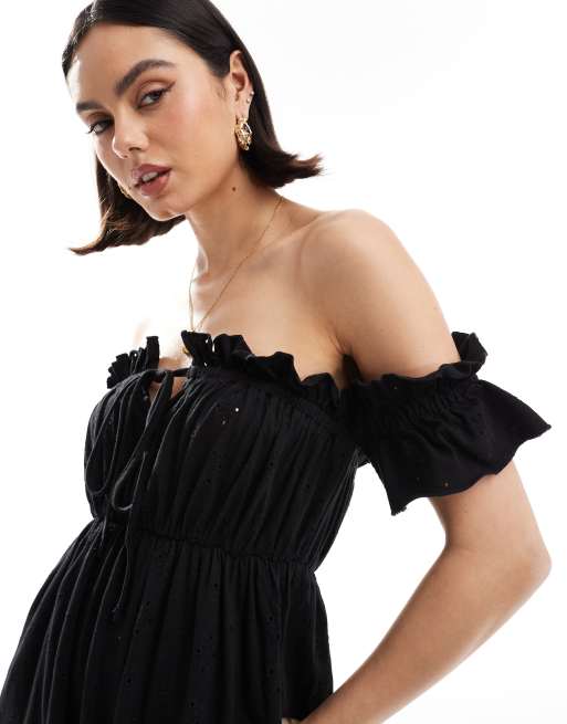 ASOS DESIGN - Sort bardot-maxikjole med broderie anglaise-flæse, 3 af 4