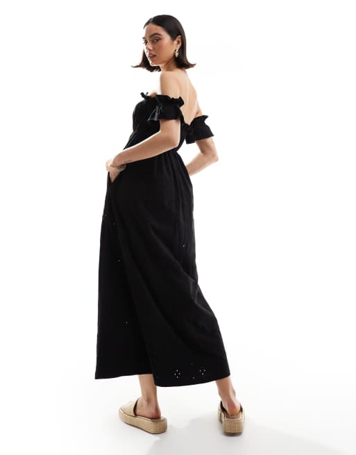 ASOS DESIGN - Sort bardot-maxikjole med broderie anglaise-flæse, 4 af 4