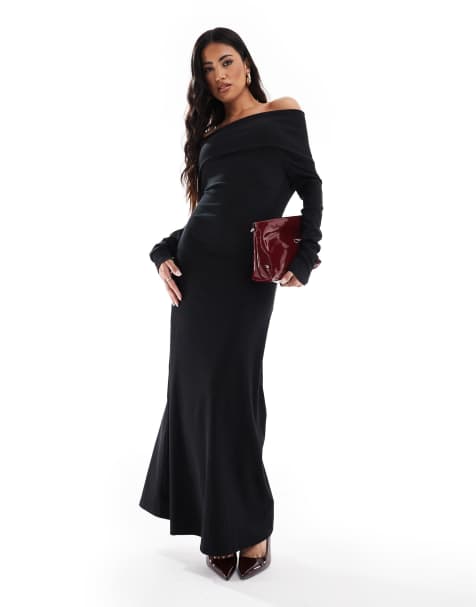 ASOS DESIGN - Sort bardot-maxikjole med lange ærmer i ribstrik - view 1