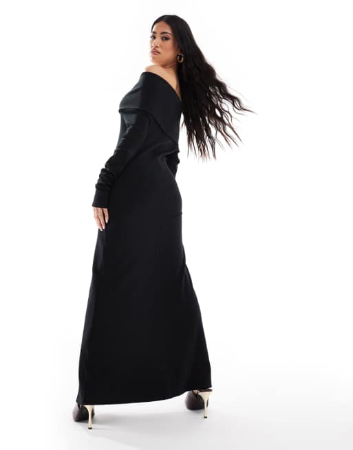 ASOS DESIGN - Sort bardot-maxikjole med lange ærmer i ribstrik, 4 af 4