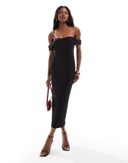 ASOS DESIGN - Sort bardot-midikjole med hjerteformet hals i scuba-stof