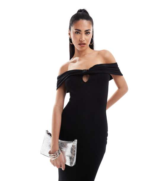 ASOS DESIGN - Sort bardot-midikjole med sløjfedetaljer - view 1