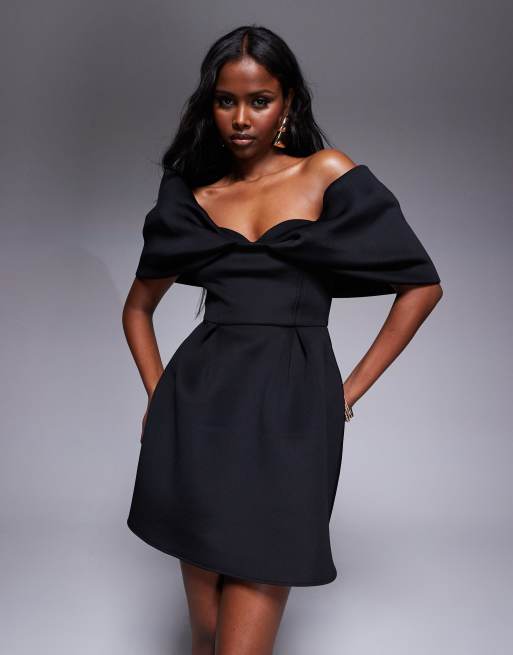 ASOS DESIGN - Sort bardot-minikjole i scuba-stof med fuld nederdel