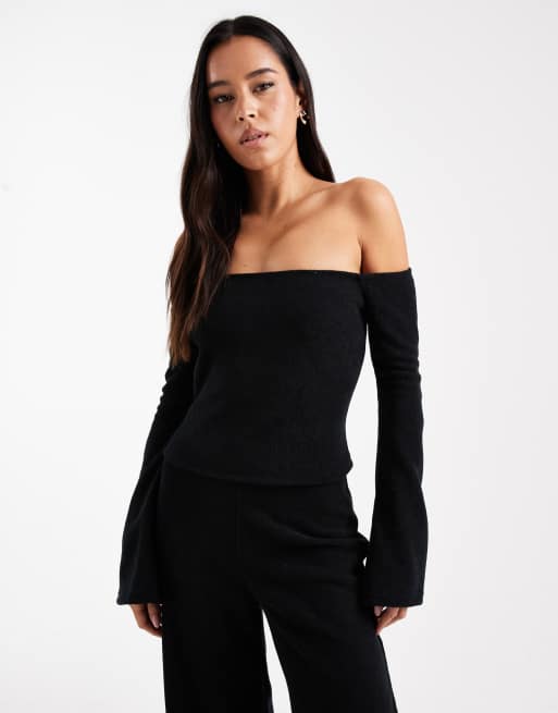 ASOS DESIGN - Sort bardot-top i børstet ribstrik - Del af sæt
