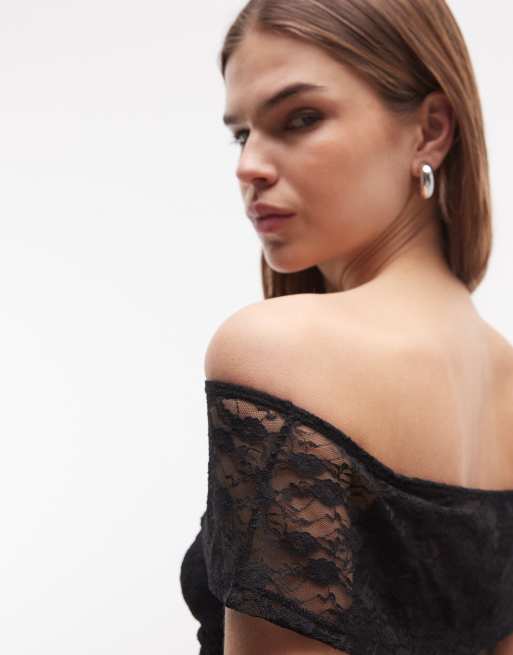 ASOS DESIGN - Sort bardot top i gennemsigtigt blondemateriale med udskæringsdetalje, 3 af 4