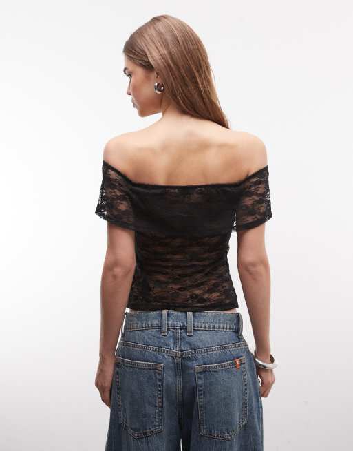 ASOS DESIGN - Sort bardot top i gennemsigtigt blondemateriale med udskæringsdetalje, 4 af 4