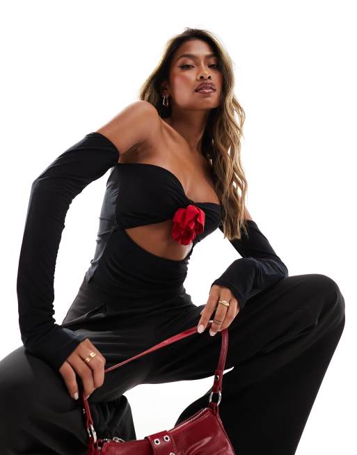 ASOS DESIGN - Sort bardot-top med corsage- og udskæringsdetalje i blondestof