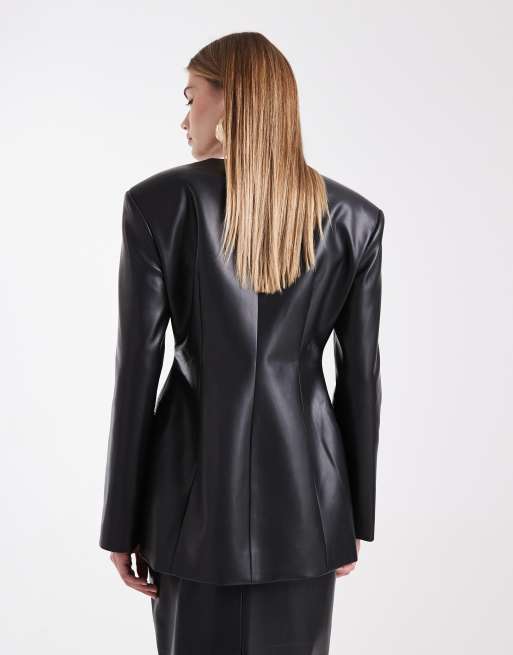 ASOS DESIGN - Sort blazer uden krave med indsyet detalje i imiteret læder, 4 af 4
