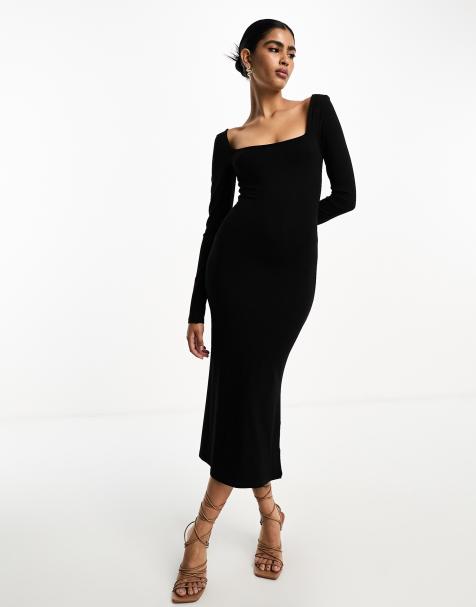 ASOS DESIGN - Sort, blød og langærmet midikjole med firkantet hals - view 1