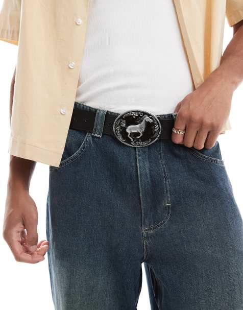 ASOS DESIGN - Sort bælte i imiteret læder med grynet tekstur i western-stil med pladespænde med cowboy-design - view 1
