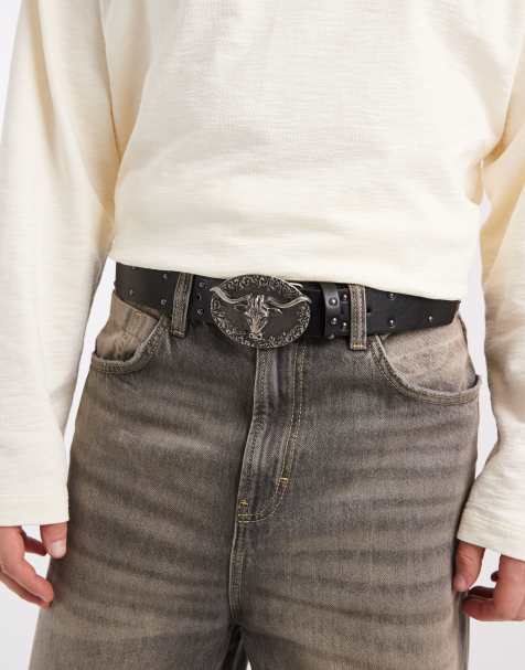 ASOS DESIGN - Sort bælte med western-inspireret tyrespænde og nitter i imiteret læder - view 1