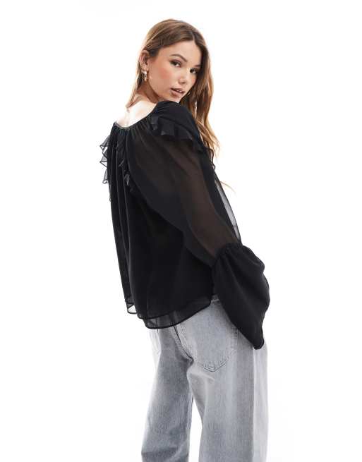 ASOS DESIGN - Sort bluse med chiffon-ærmer, 2 af 4