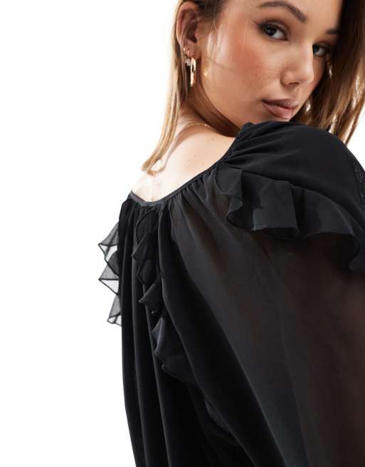ASOS DESIGN - Sort bluse med chiffon-ærmer, 4 af 4