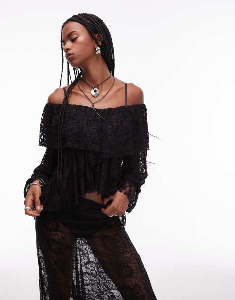 ASOS DESIGN - Sort bluse med flæsedetaljer og volumen i blondestof - view 1