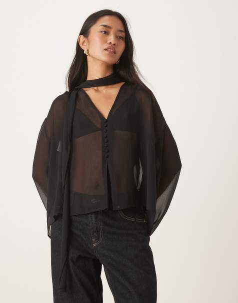 ASOS DESIGN - Sort bluse med knapper og tørklædedetalje foran - view 1