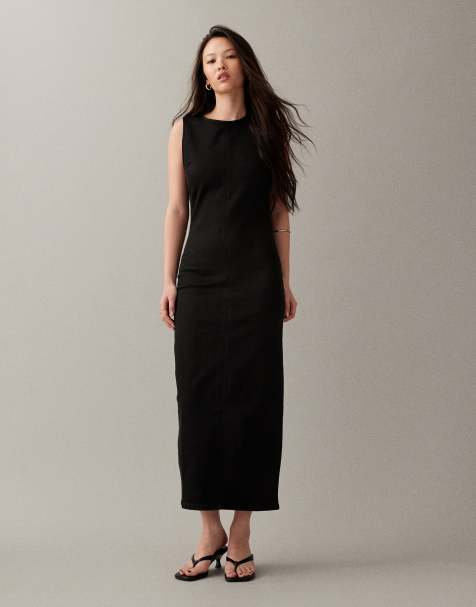 ASOS DESIGN - Sort bodycon-midikjole i denim med bred halsudskæring - view 1