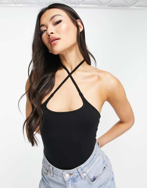 ASOS DESIGN - Sort bodystocking med firkantet hals og krydsende stropper